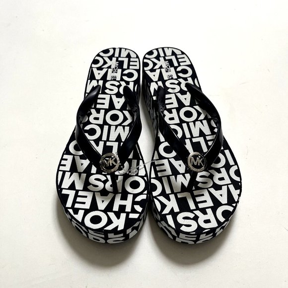 NWOB MICHAEL KORS Graphic Flip-Flop Wedge Sandals Slide On Thong Navy - Picture 4 of 9